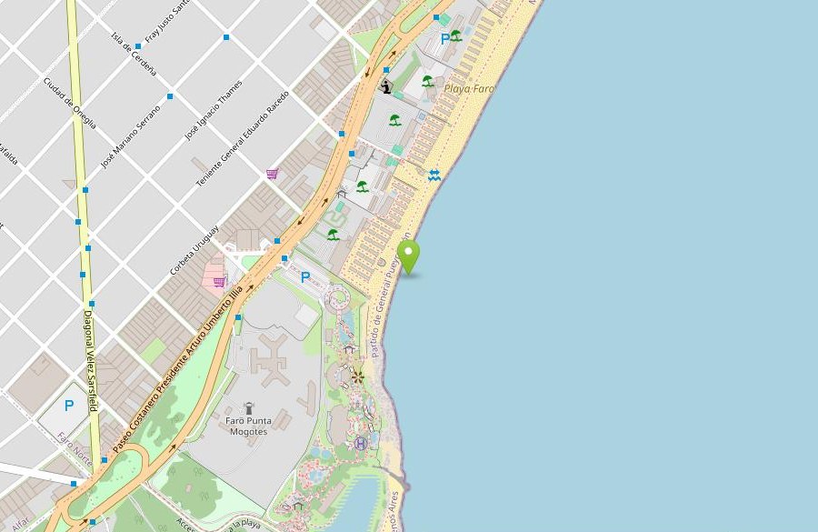 Mapa de la ubicación del salón, sobre la costa, antes del Faro Punta Mogotes